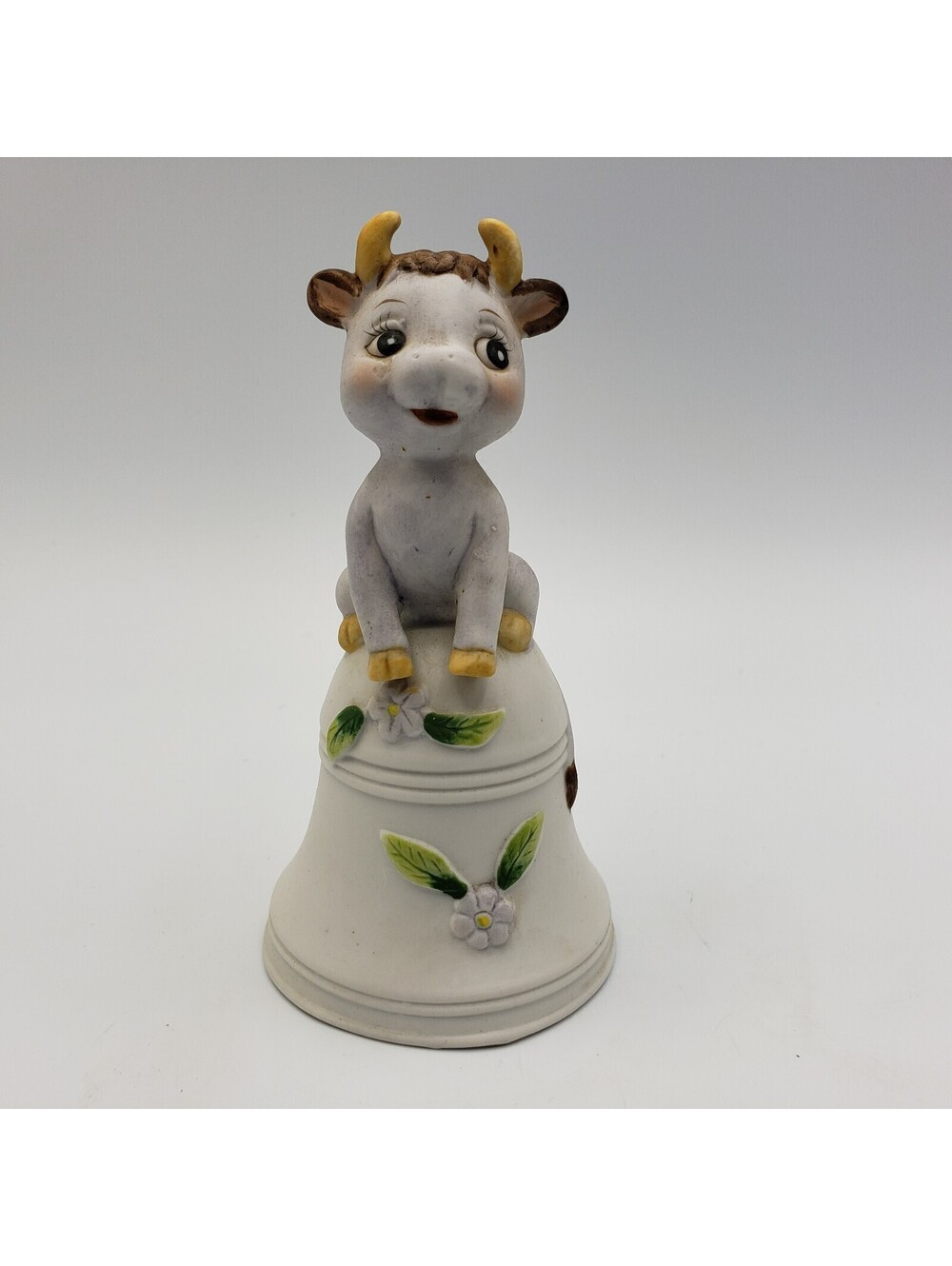 Vintage Bisque Porcelain Bell Purple Cow Flower Taiwan ROC Big Eyes